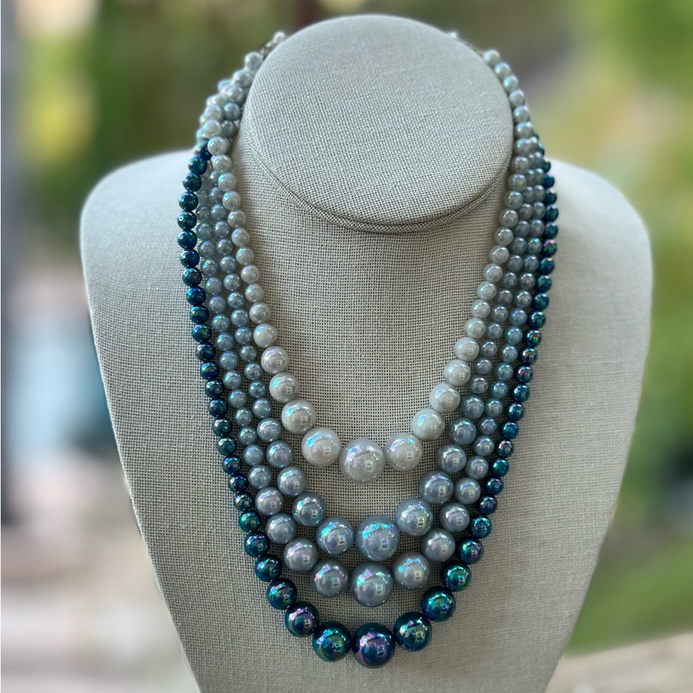 ✨ Iridescent Multi-Strand Pearl Bead Necklace – Silver & Teal Statement Layers